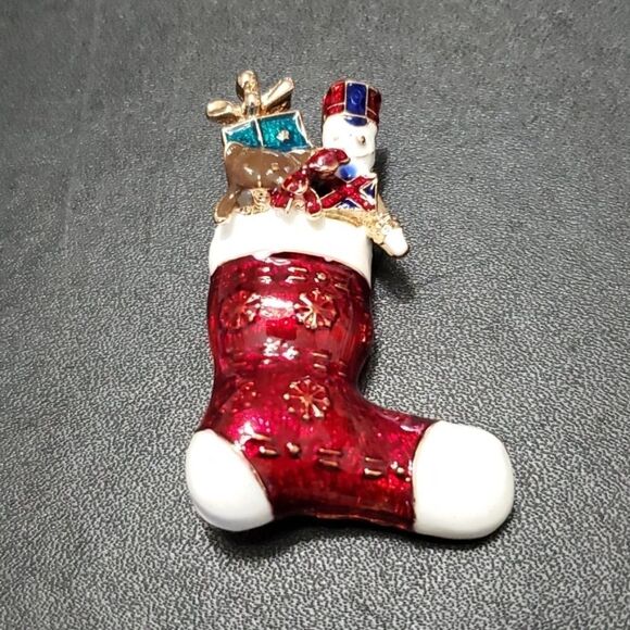 Monet gold tone red enamel stocking brooch - Picture 2 of 7